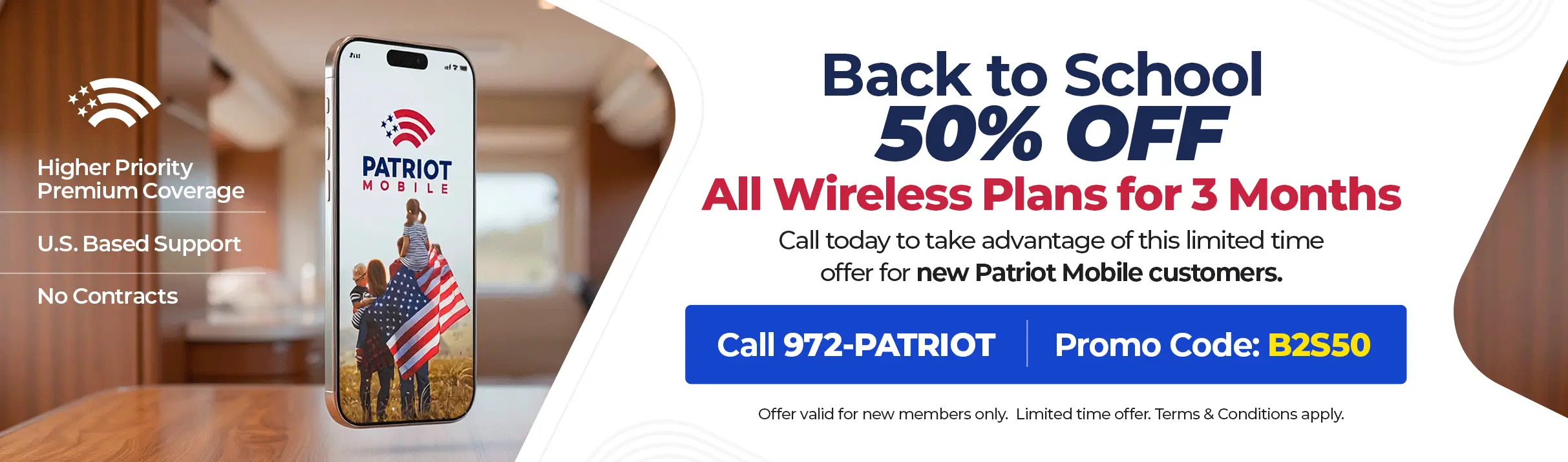 Patriot Mobile promo code GENEV for free activation saves you $30 by waiving the one time activation fee